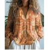 Women Vintage Floral Print V Neck Ruffle Collar Long Sleeve Button Down Blouse With Pockets