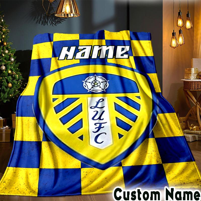 Custom Name Leeds Football Crest Throws Blanket Flannel Blankets for Couch Bed Gifts for Men Women Picnic blanket Christmas fan gifts