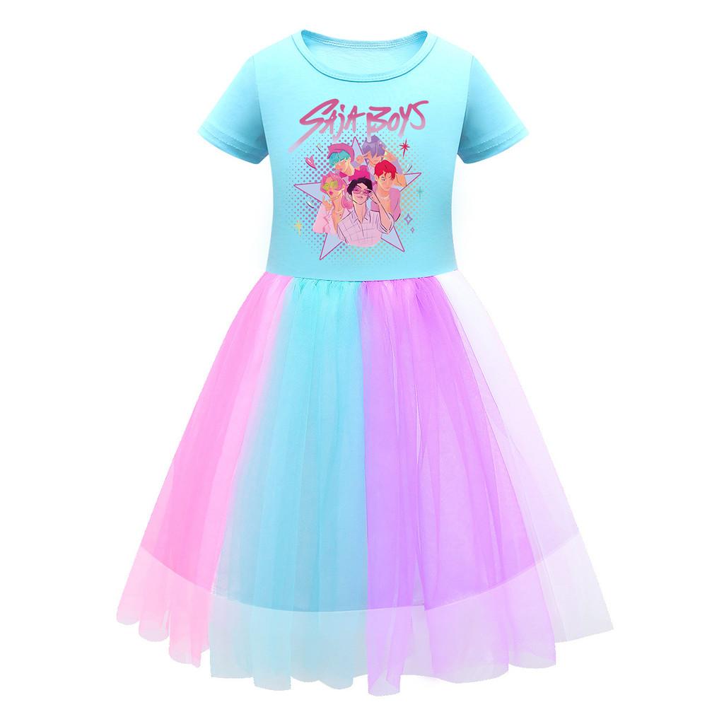 

Дитяча Дівчатка K-POP Румі Зої Міра Принт Сітка Веселка Круглий Виріз Короткий Рукав Повсякденна Бавовняна Сукня 150cm