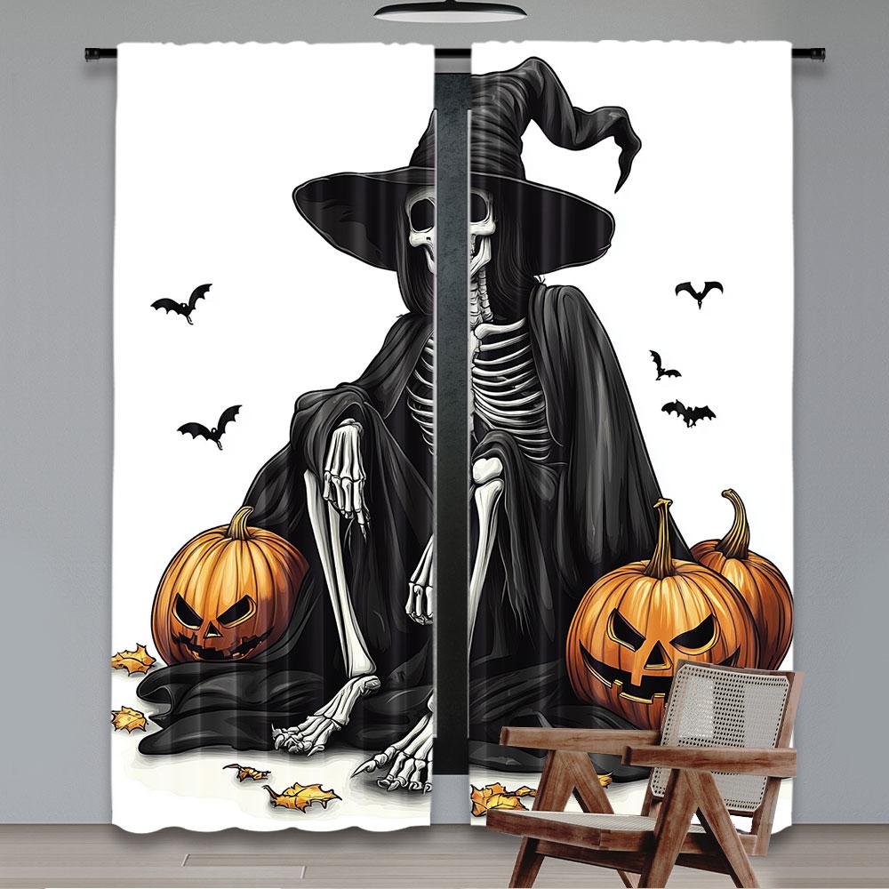 Set Of 2 Horror Halloween Witch Skeleton Curtain Evil Bat Pumpkin Decoration Window Drapes Party Home Office Classroom Curtains Made Polyester