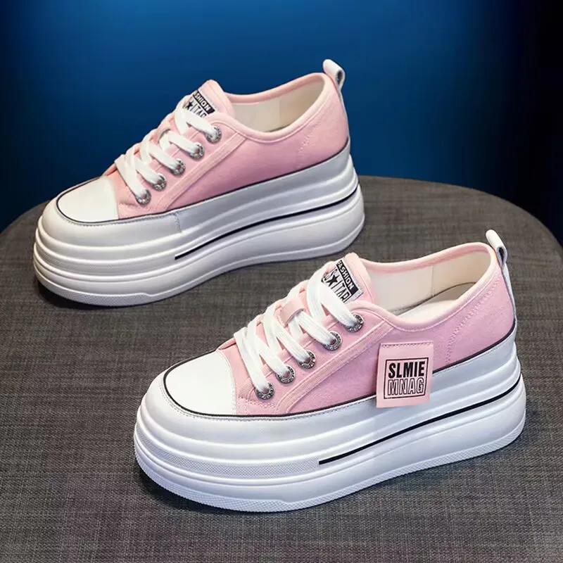Casual Canvas Shoes  New Women's Solid Color Thick Sole Sports Wedge Heel Height Increasing Breathable Vulcanized Women's