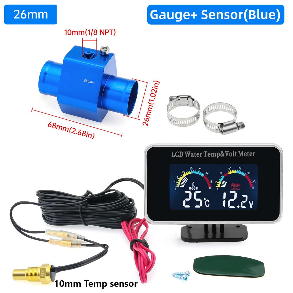 12V/24V Car Digital Water Temperature Gauge Water Temp VOLT Volmeter Joint Sensor Adapter 26-40MM(Optional) For Auto Trucks
