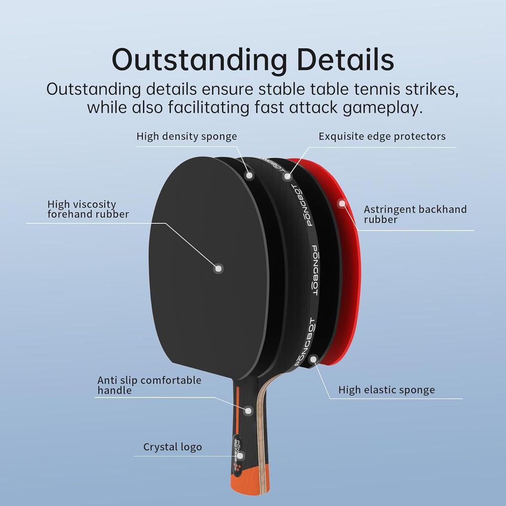 PONGBOT Five-Star Ping Pong Paddle, Professional Level Table Tennis Racket with Hard Case, Carbon Fiber, 7-Ply Blade, Premium Rubber, for Competitive