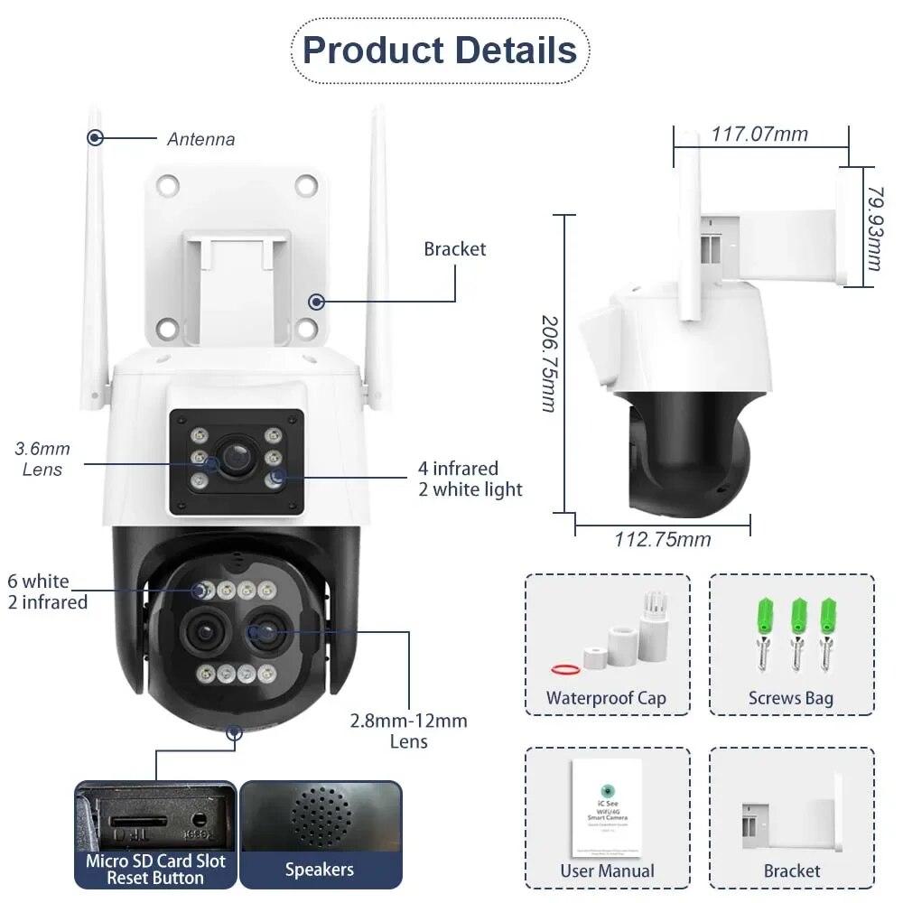 Nová EU 9MP 4K HD WiFi IP kamera Venkovní 8X zoom Tři objektivy Duální PTZ kamera Automatické sledování 8MP Zabezpečení Video Surveillance CCTV ICSEE