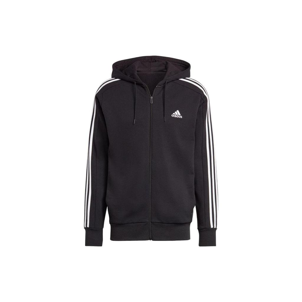 Adidas Essentials French Terry 3-Stripes Full-Zip Hoodie Black/White Men Streetwear IC0433
