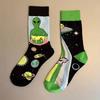 1 Pair Alien UFO Pattern Trendy Socks Asymmetric Style Socks for Men Women Funny Cartoon Cat Unisex Breathable Cotton Socks