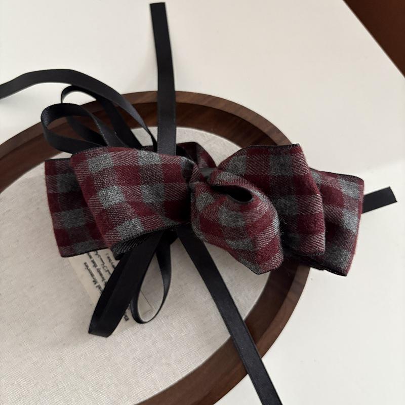 Korean Retro Plaid Ribbon Bow Banana Clip - Autumn/Winter Versatile Hair Accessory темно-красного