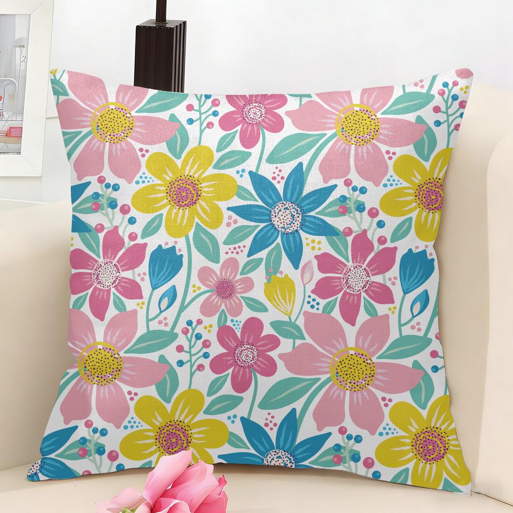 Colorful Flowers Cushion Cover Natural Linen Organic Fabric DoubleSided Printing Couch Pillow Covers Home Decor