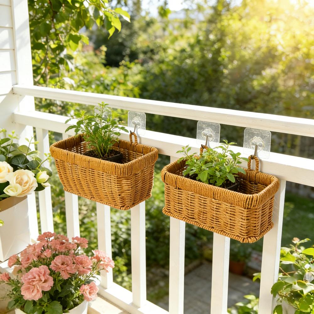 Wall Hanging Woven Storage Basket Set | Plastic Rattan Hanging Organizer with Hooks | 2 Sizes Kitchen Pantry Storage Basket for Home Decor