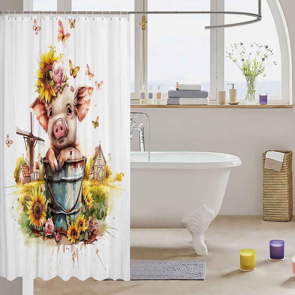 Boys Girls Pig Bath Curtain Cartoon Pigs Shower Curtain Kids Cute Farm Animal Bathroom Shower Curtain Set Butterfly Sunflower