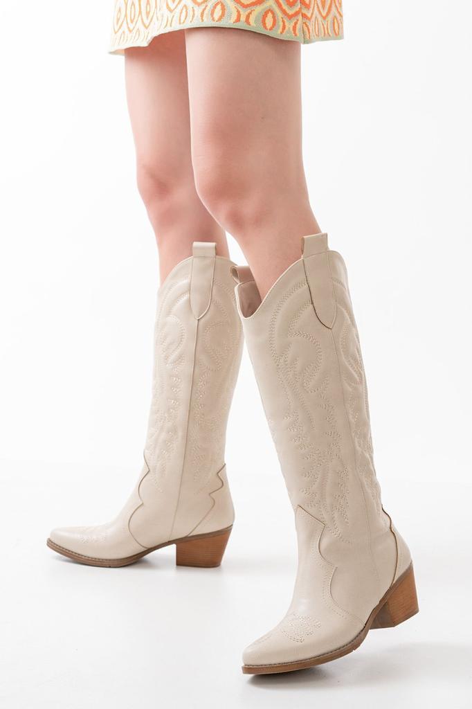 Women Modern Stylish Fashion Boots Boots Faux Leather Black Leather Embroidered Cowboy Long Boots