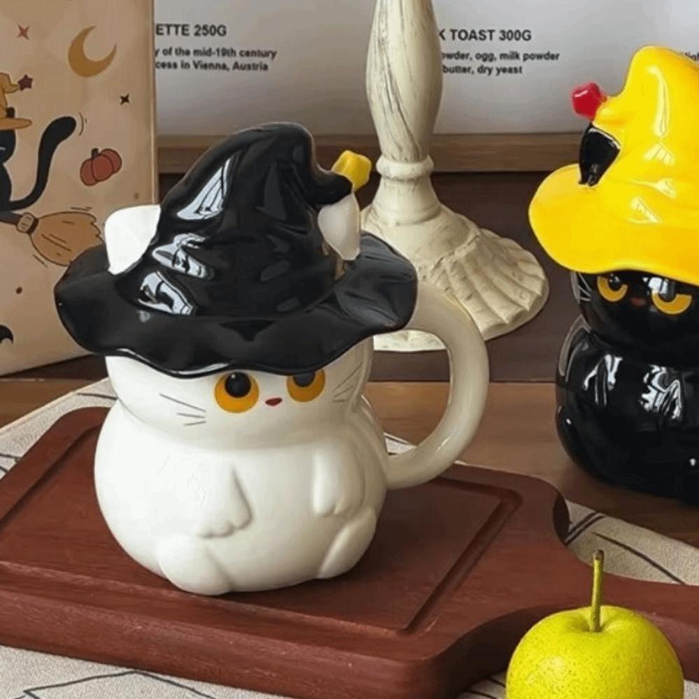 Magic Hat Creative Ceramic Ghost Cat Mug 450ml with Lid Magic Kitty Coffee Cup Cute Cartoon Cat Mug Afternoon Tea