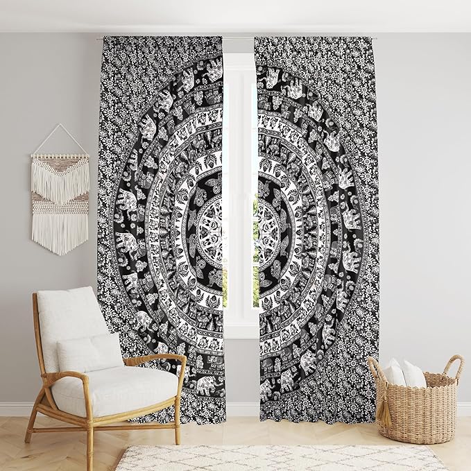 Bless International Beautiful Indian Bohemian Psychedelic Hippie Tree of Life Window Curtain Panels for Bedroom, Living, Balcony (Elephant Peacock)
