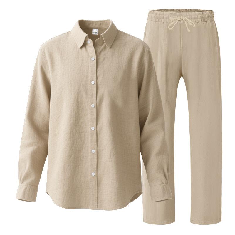 Men’s plain-coloured linen suit set: loose-fit trousers and lightweight long-sleeved shirt S легкие хаки