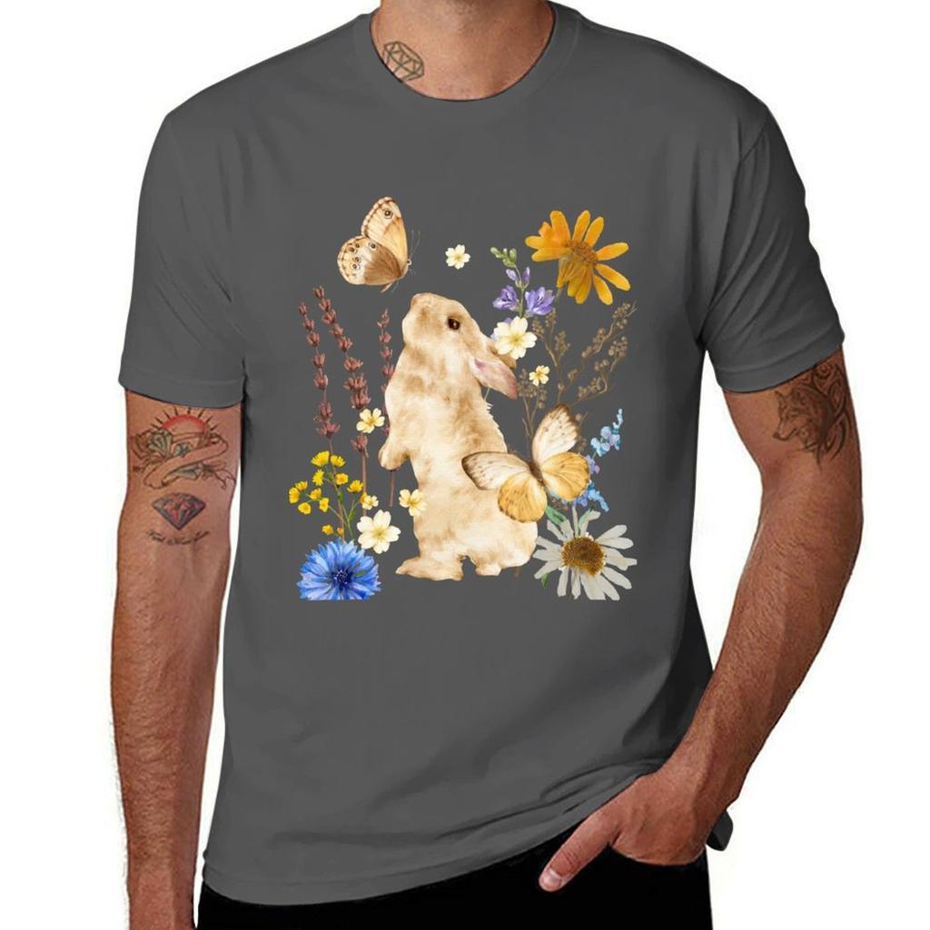 Pretty Rabbit With Colorful Flowers Wildlife Design T-Shirt T Shirts for Man Graphic Vintage T Shirt Man Luxury T-Shirt