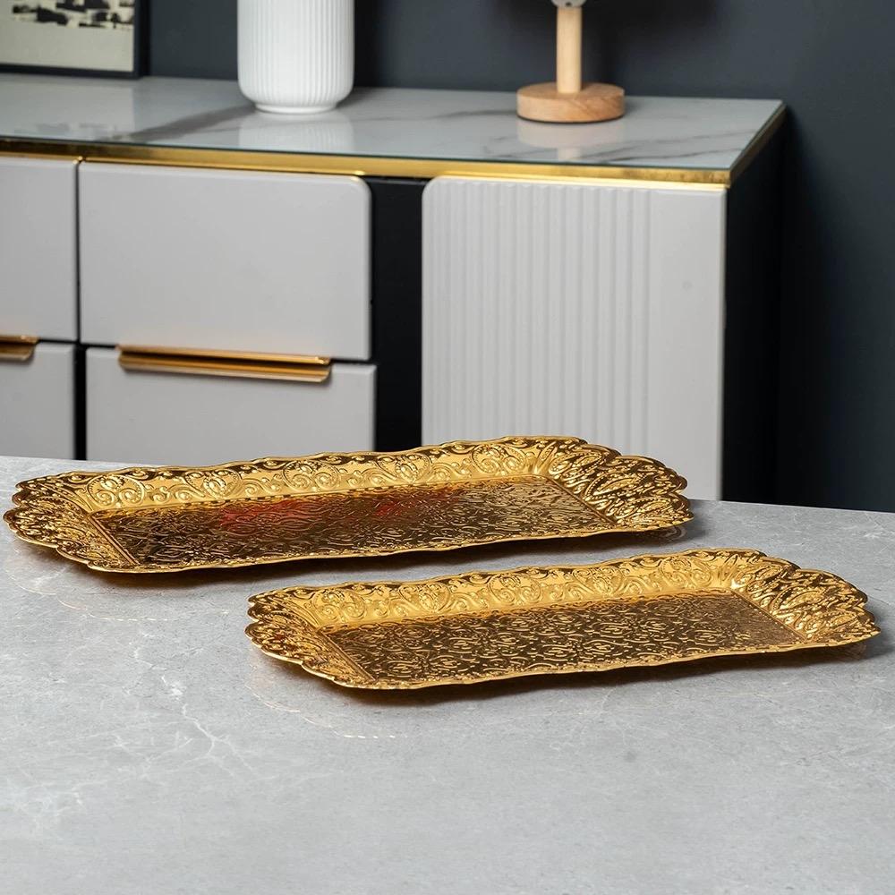 Rectangle-Carved Design Metal Cake Tray With Exquisite Plate Engraving Flower Golden Food Fruit Tray For Home Wedding Decoration