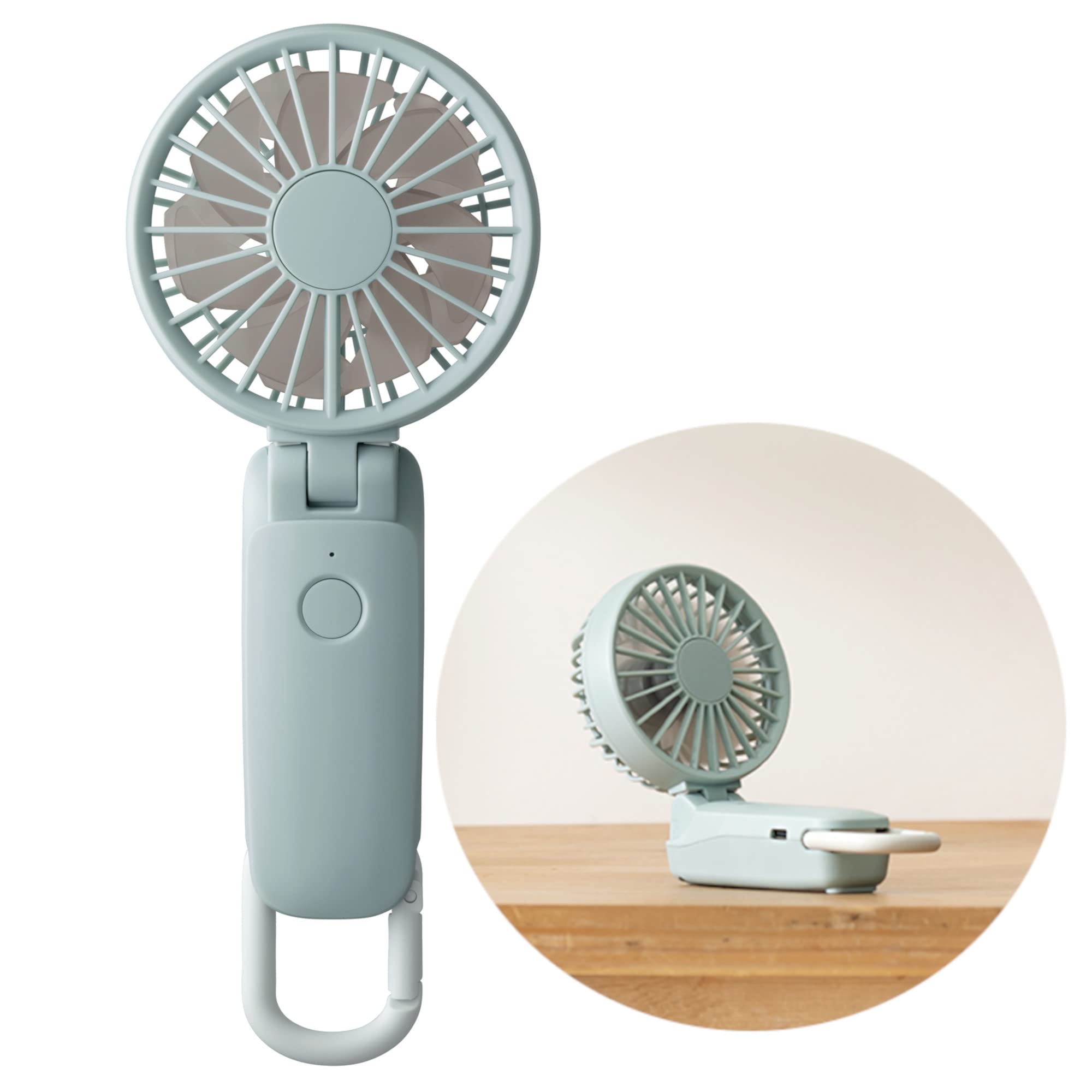 

RHYTHM 2024 Handy Fan Neck Quiet USB Rechargeable Powerful Weak but Cool DC Motor Double Rotating Fan Carabiner Small Portable Fan or Tabletop Fan