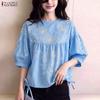 Women Casual Round Neck 3/4 Sleeve Loose Floral Print Blouse