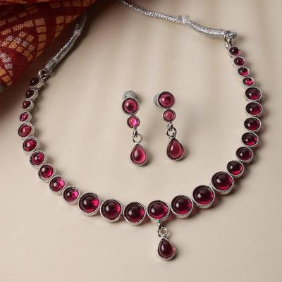 Oxidised Silver-Plated Round American Diamond Studded Necklace with Earrings Jewellery Set for Girls & Women
