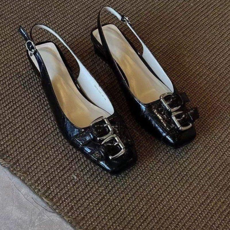 Women's Chunky Heel Leather Sandals: New 2026 French Fashion, Versatile Design with Buckle Strap and Square Toe