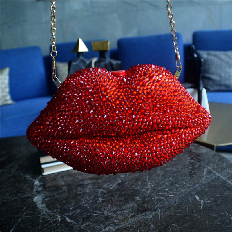 Dinner Bag Women's Lip Chain Bag European and American Style Diamond-set Nightclub Hand-held Party Rhinestone Bag Party Bag