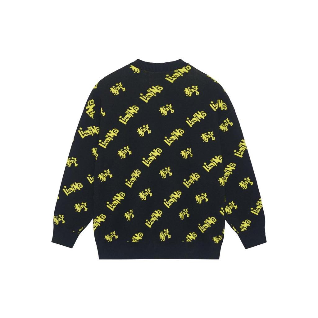 Li Ning Urban Nomad Pánský svetr s celoplošnou výšivkou loga, pulovr s dlouhým rukávem, černý AMBS123-1
