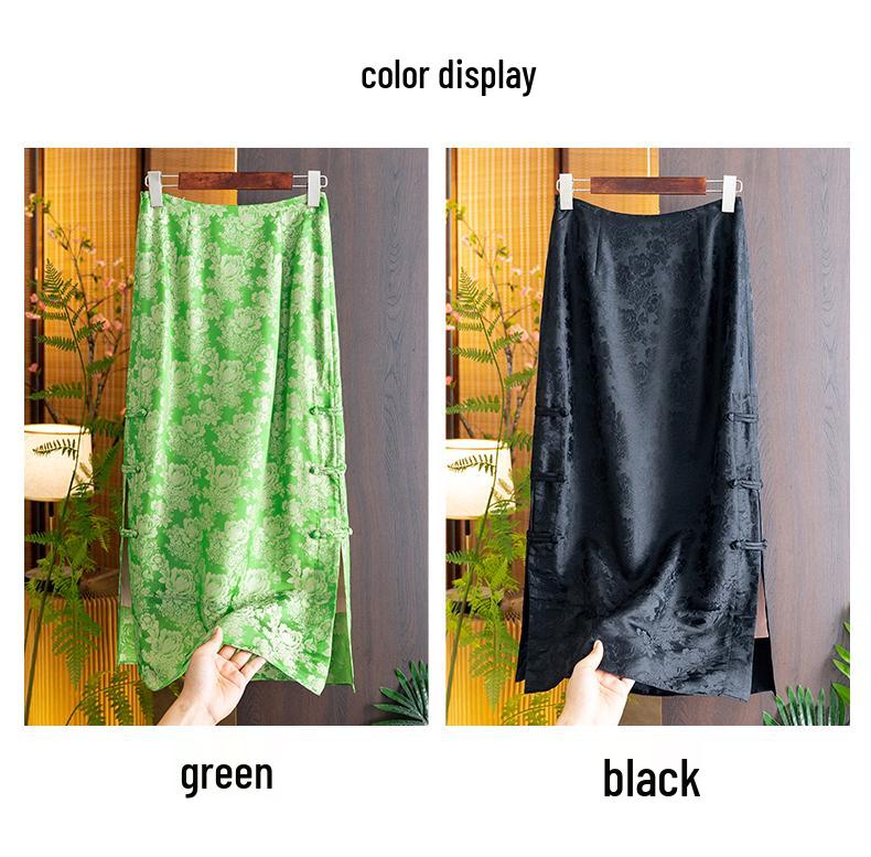2026 Spring/Summer Women's Black Silk Midi Skirt - Chinese National Style, Jacquard A-line with Slit