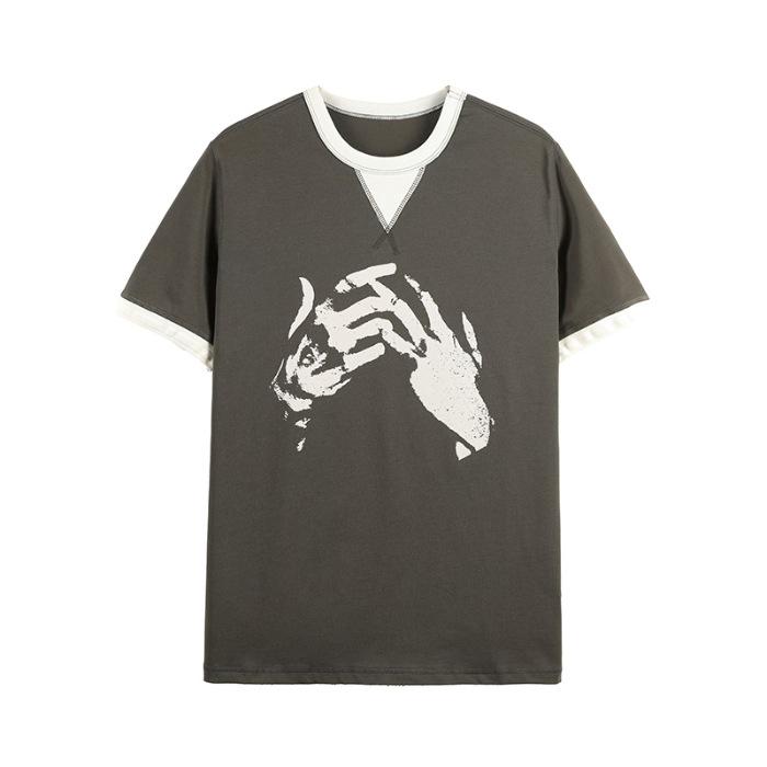 Updated Summer Short T-shirt for Men Fake Two-piece Gesture Printed Short-sleeved T-shirt M
