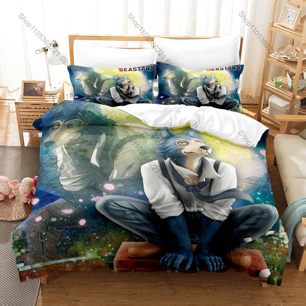 Anime Beastars 3 Pieces Duvet Cover Set Cute Kawaii Bed Set Soft Microfiber Bedding with Pillowcases for Fans Gift