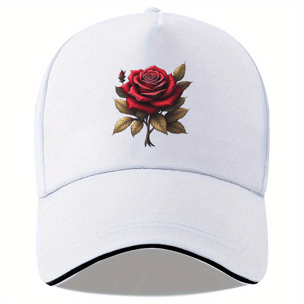 Red Rose Floral Print Black Baseball Cap Adjustable Polyester Outdoor Sporty Unisex Casual Headwear
