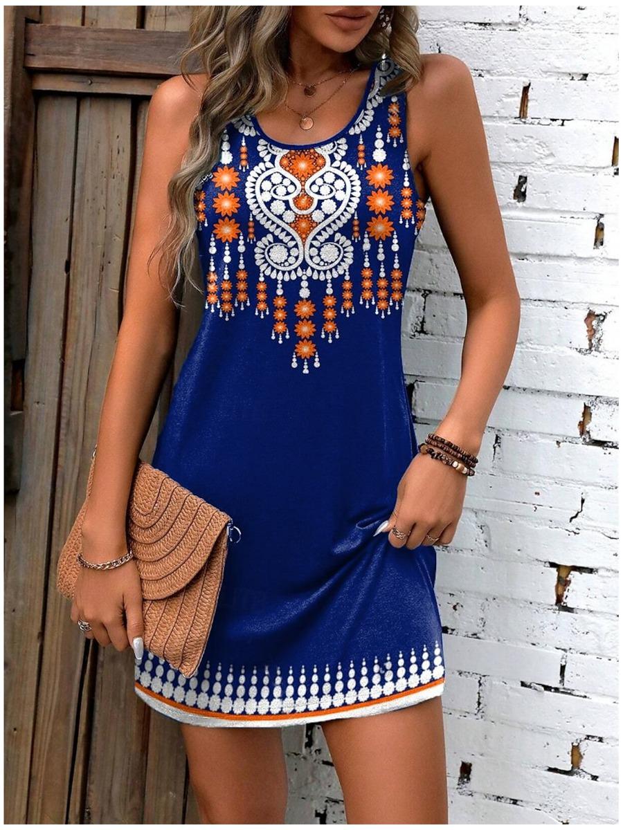 Women s A-line Summer Dress Off Shoulder Bohemian Casual Daily Loose Pattern Retro Sleeveless O-neck Summer Dress S