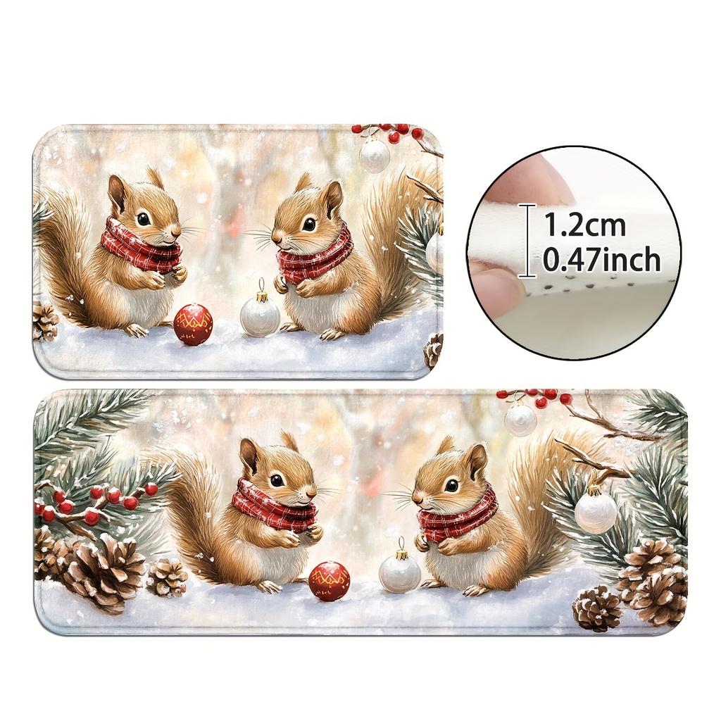 1Pcs Anti Fatigue Door Rugs, Christmas Squirrel Print Waterproof Non-Slip Thick Cushioned Door Mat Heavy Duty Comfort Standing Mat for Door
