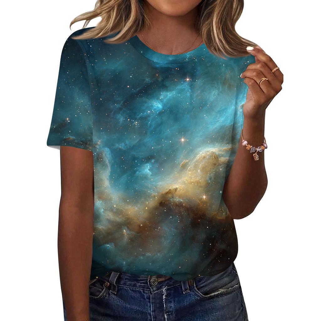 Women's Fashionable Casual Short Sleeve Print Round Neck Pullover Top