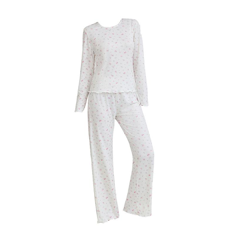 Europe and the United States Hot-selling Loungewear Flower Printing Round Neck Jacquard Long-sleeved Trousers Pajamas Women Can Wear Two-piece Set
