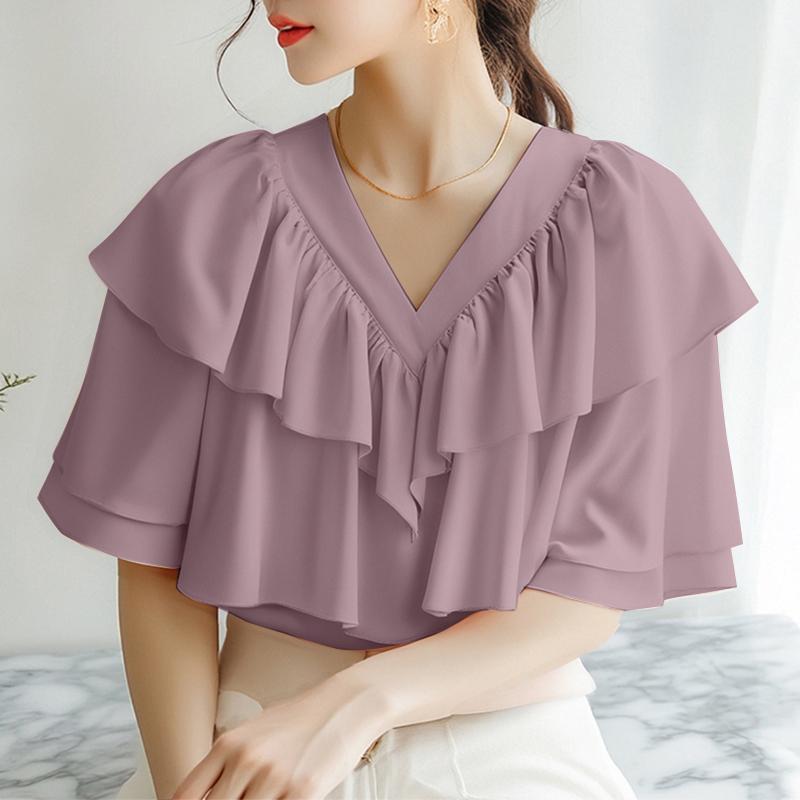 

ZANZEA Женская летняя блузка с рюшами, V-образным вырезом, свободного кроя, с коротким рукавом 3XL фиолетовый