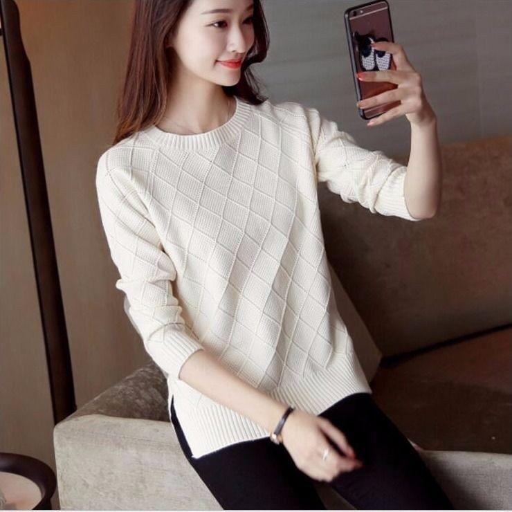 Knitwear Women Loose Round-neck Pullover for Women Long-sleeved Casual Solid-color Sweater Korean-style Spring and Autumn Top