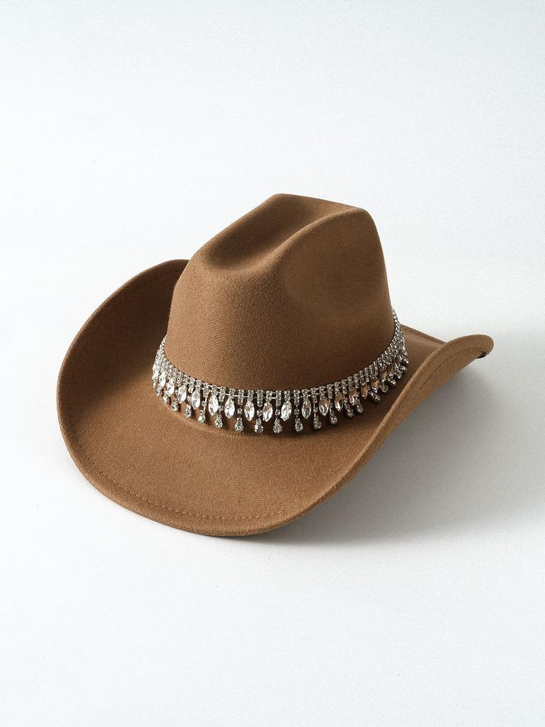 Hot-selling wide metal double-row rhinestones hand-sewn crystal pendant fringed chain top hat western cowboy hat felt hat