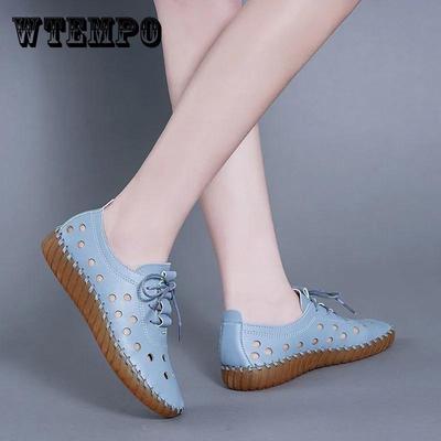 Women's Summer Soft Leather Hollow Shoes Hole Shoes Tendon Bottom Sandals Flat Casual Shoes Soft Bottom Comfortable Mother Shoes