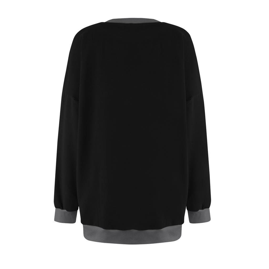 Women's Spring And Autumn Sports Shirt Round Neck Long Sleeve Loose Top Color Blocked Ribbed Edge Fashionable