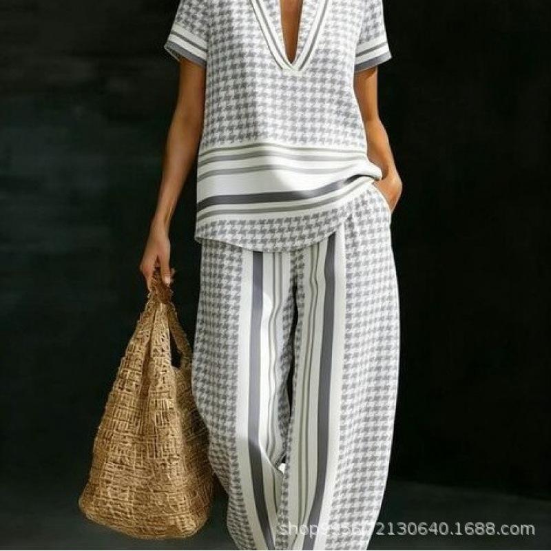 1116 Fashion Summer New Versatile Elegant V-Neck Short Sleeve T-Shirt Pullover and Casual Pants Set