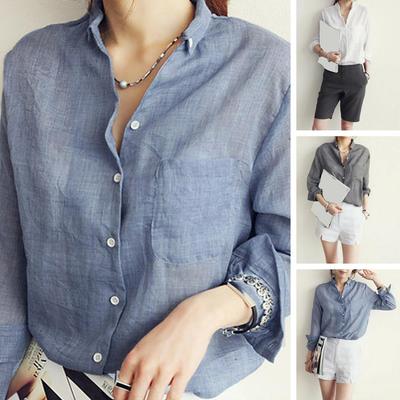 Women Autumn Korea Solid Cotton and Linen Blouse Vintage Solid Thin Loose Shirt Casual Long Sleeve Korean Tops