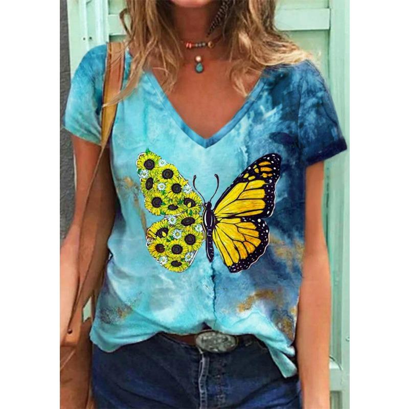 Sommer Schmetterling Libelle 3D V-Ausschnitt Bedruckt Neues Damen Top T-Shirt