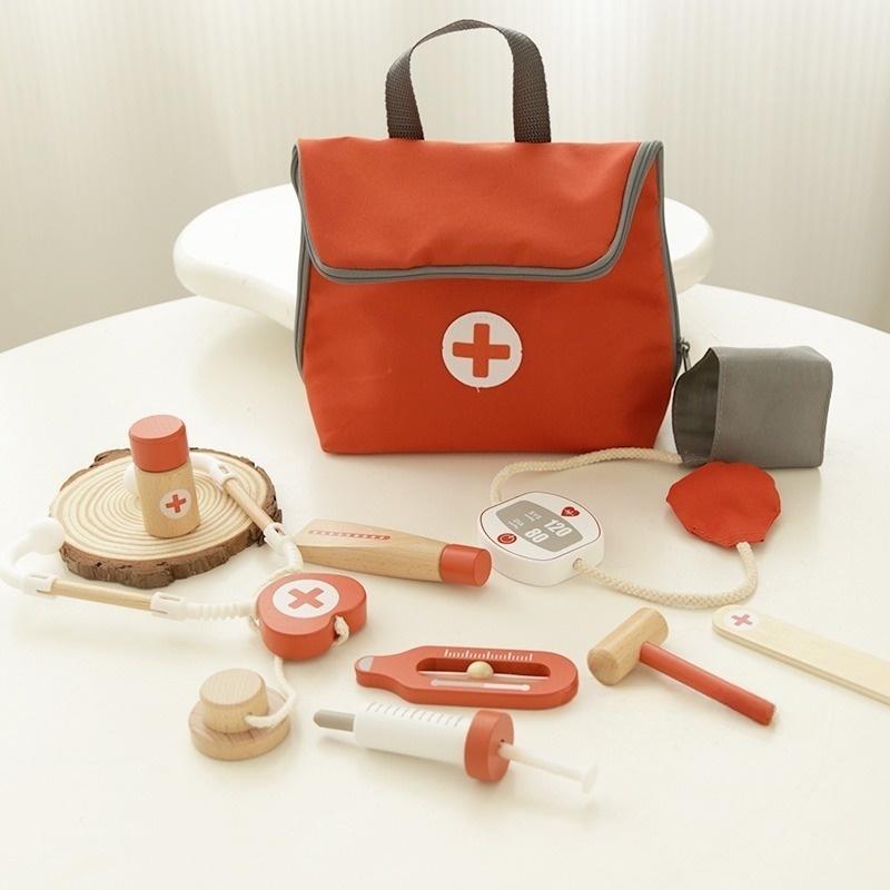 

Wooden Pretend Play Red Doctor s Kit Educational Toys for Children Medical Simulation Medicine Chest Set for Kids Role Playing