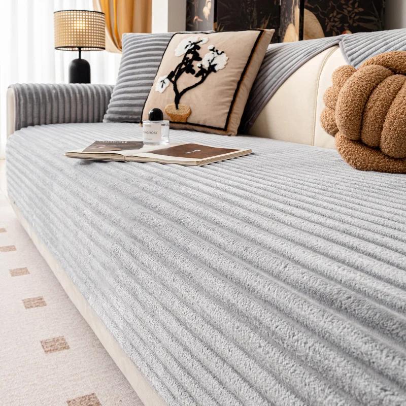 

Однотонный чехол для дивана из фланели в прямую полоску, подушка для дивана, толстая, нескользящая, подушка для дивана, кремовая, ветровая, подушка для дивана в гостиную 70x70