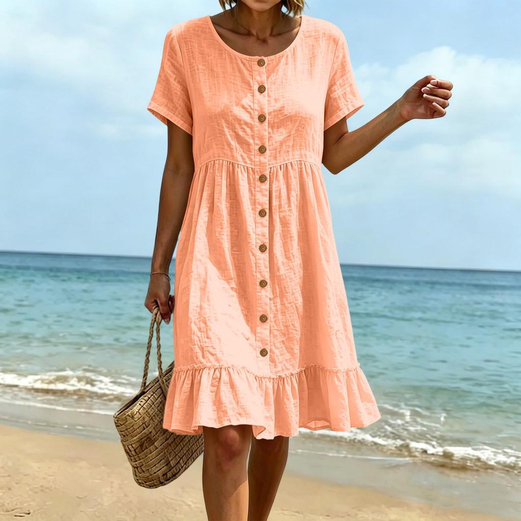 Women's Summer Casual Loose Fit Dress Short Sleeve Round Neck Button Front Midi Dress with Ruffle Hem Lightweight Comfortable Fabric