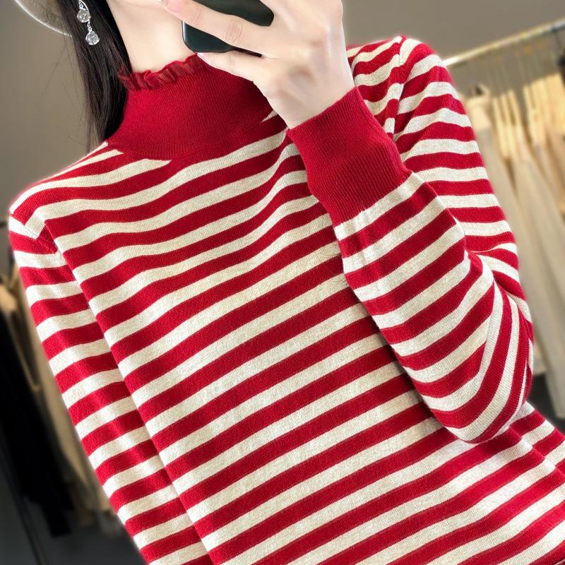 24 Spring Striped Semi-turtleneck Knitted Shoulder Sleeve Bottom Shirt Loose Versatile Pullover Long Sleeve Top