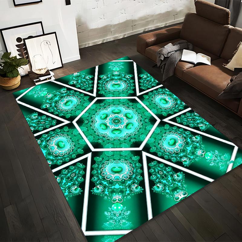 Geometric Mandala Pattern Green Carpet, Abstract Modern Style Rug Suitable for use as an anti-slip for living room bedroom sofas