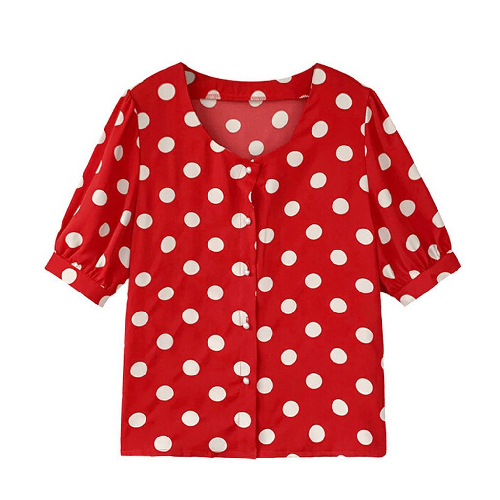 Fashion Women Casual Short Sleeve Polka Dot  Casual Tops Button Shirts