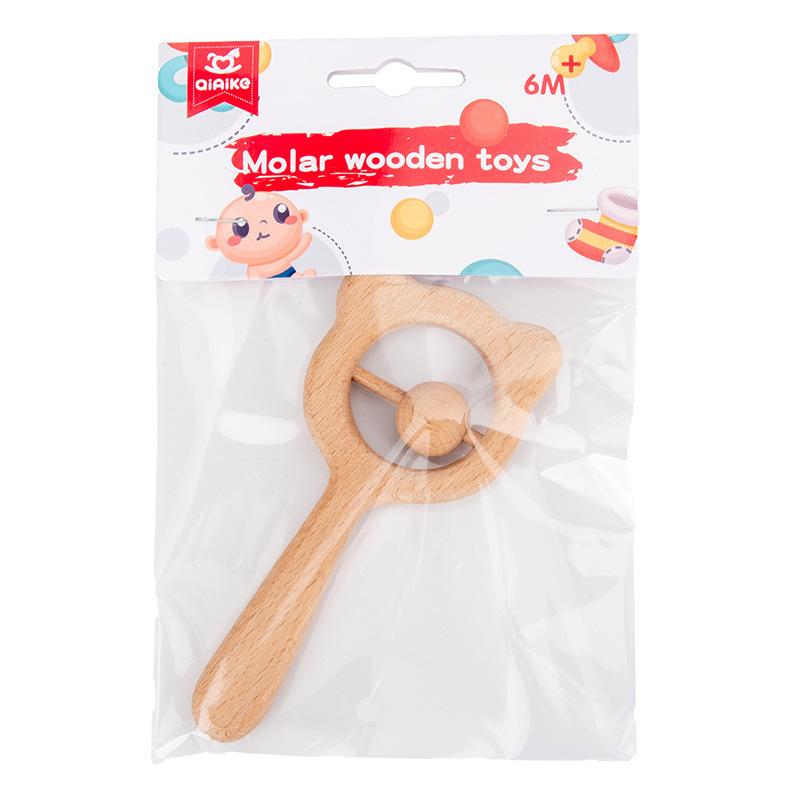 Baby Beech Hand Rattle Wooden Rattle Toy Parent-Child Interactive Soothing Grip Puzzle Shape Toy