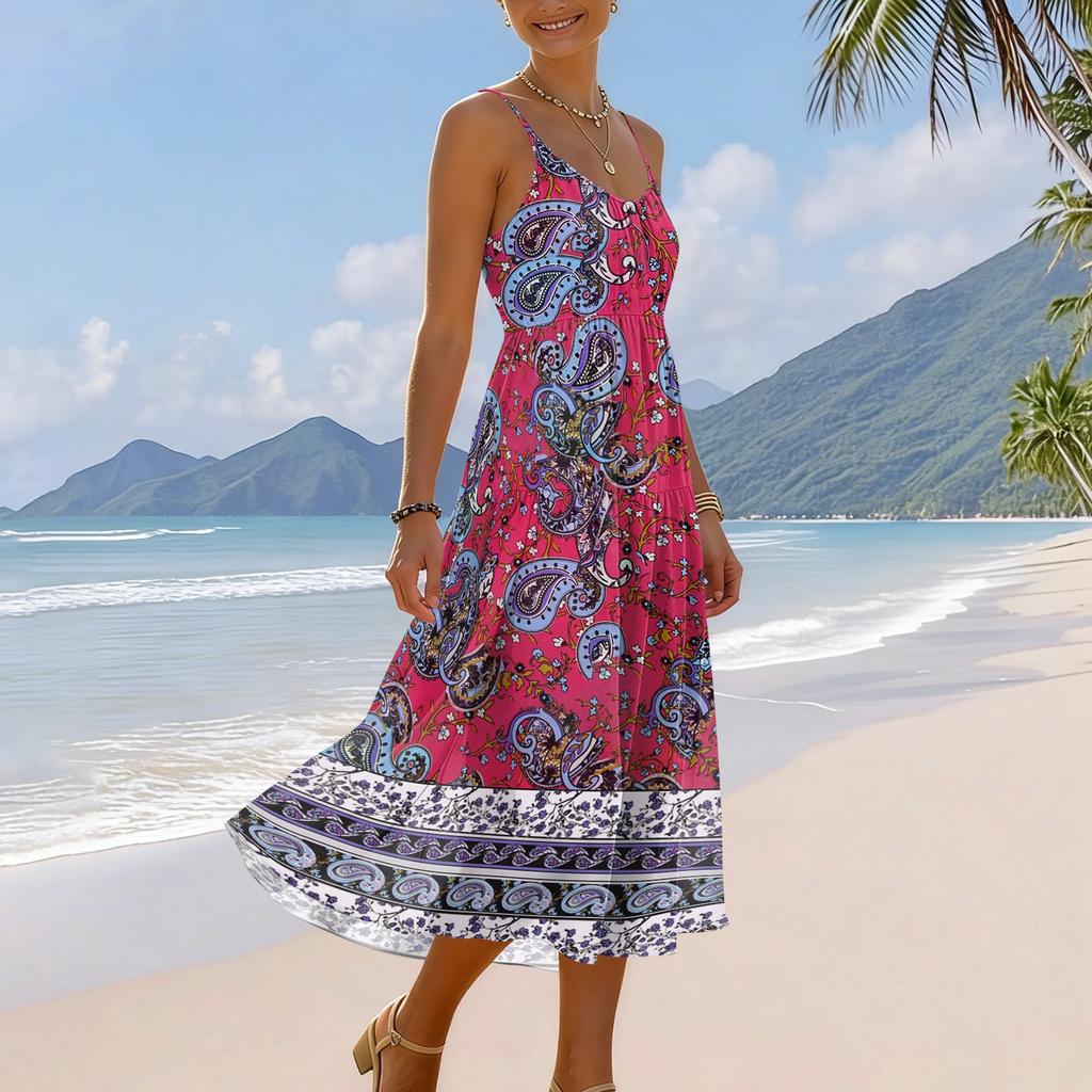 Women’s Sleeveless Floral Print Midi Dress with Adjustable Spaghetti Straps and Bohemian Patterned Hem for Summer Wear
